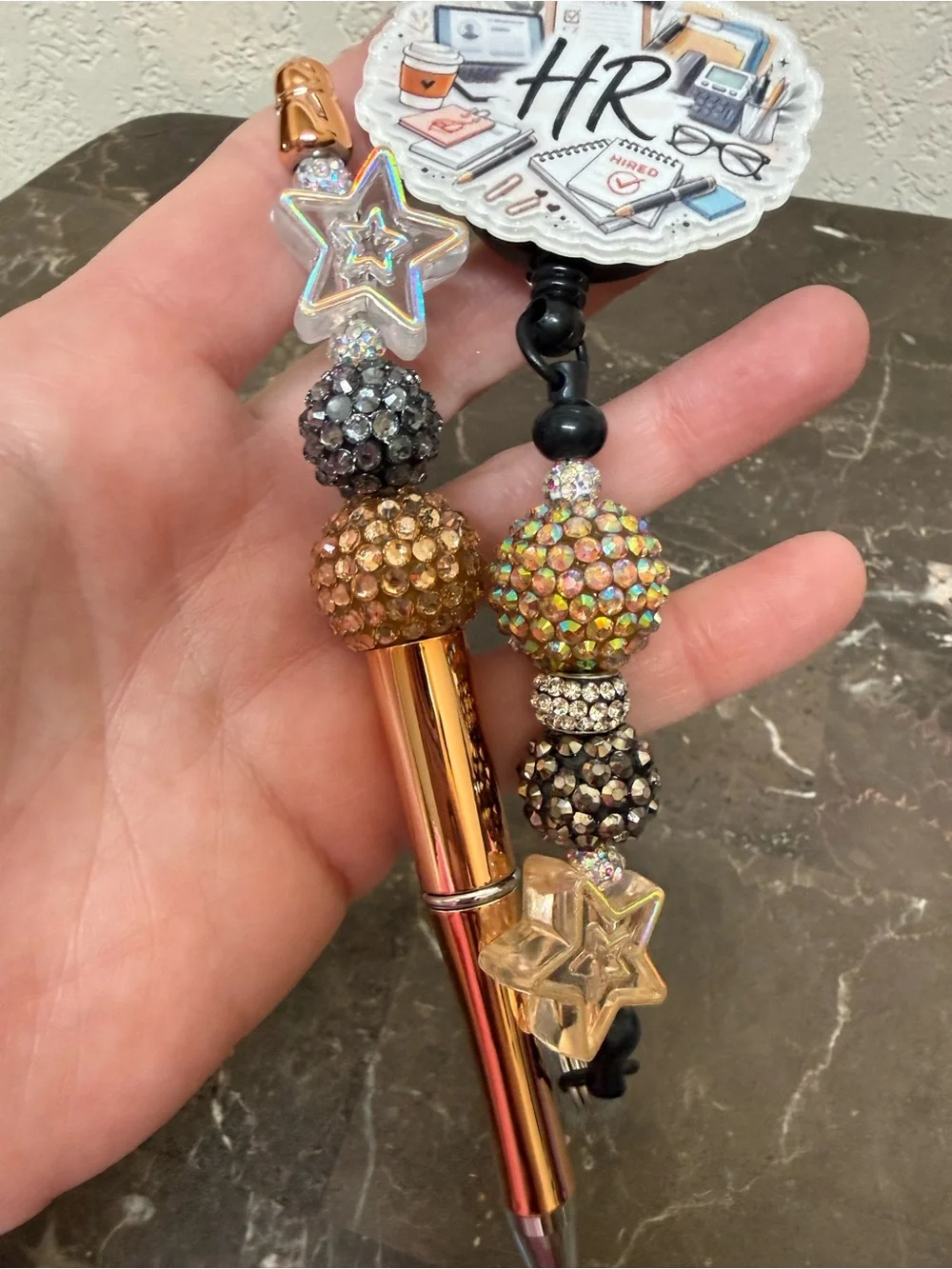 Gold Metallic Bling HR Human Resources Beaded Pen Matching Badge Reel Handmade